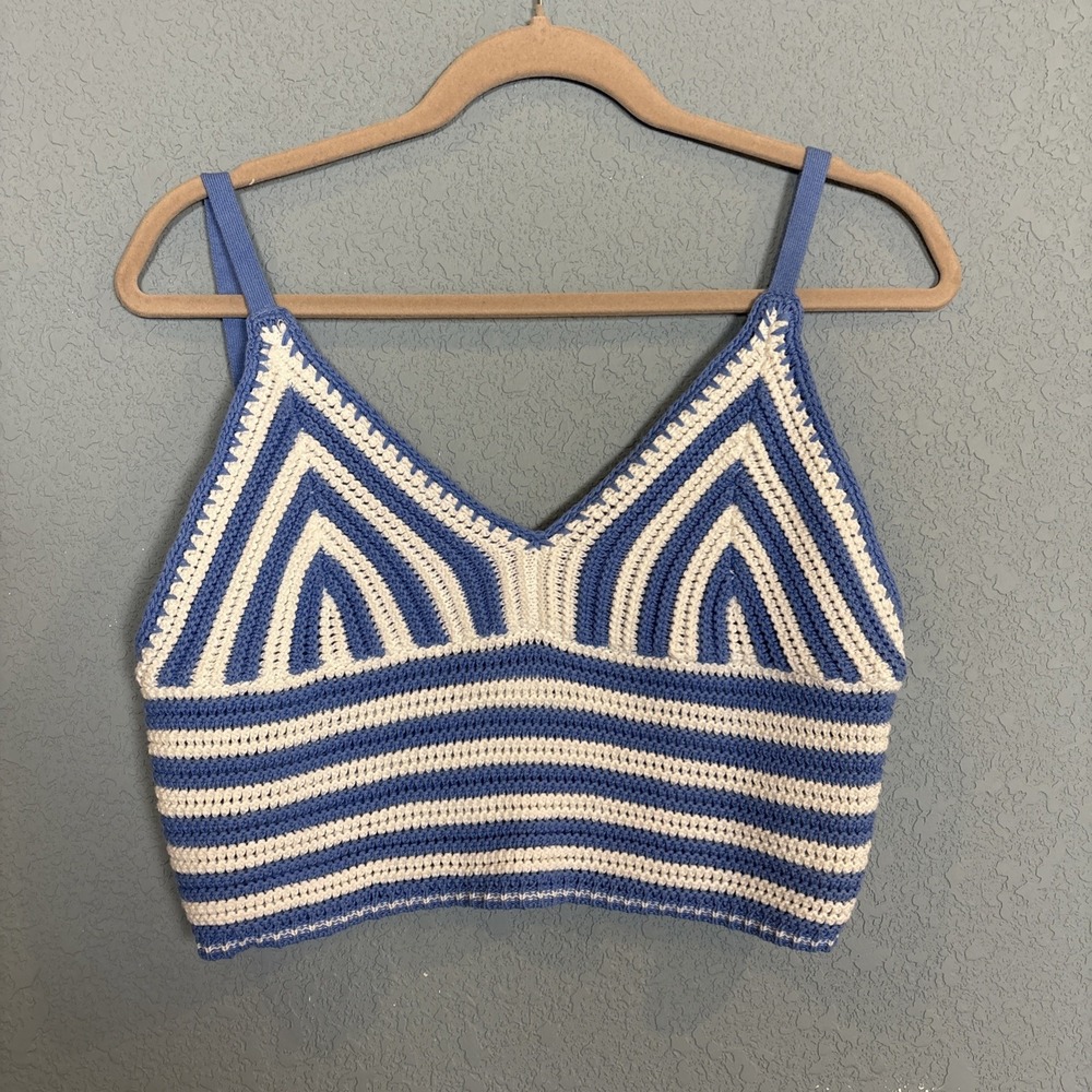 Hollister Cotton Top Crochet Blue White Crop Womens Size L Beach Boho